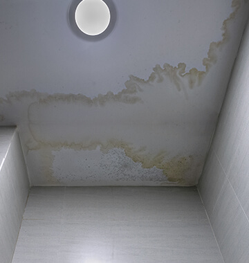 Leaking roof damaged ceiling. Mildew stains on the ceiling due to flooding.